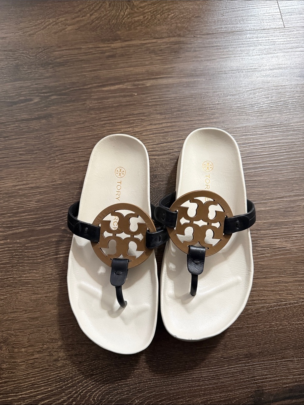 Tory Burch White Footbed Sandals with Black Straps and Brown Logo